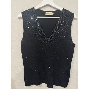 Jennifer RobertsBlack Beaded Rhinestone V-Neck Knit Tank Top Shell Medium Y2K
